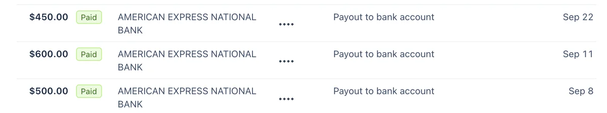 Stripe payouts list with three rows marked Paid: $450.00 on Sep 22, $600.00 on Sep 11 and $500.00 on Sep 8