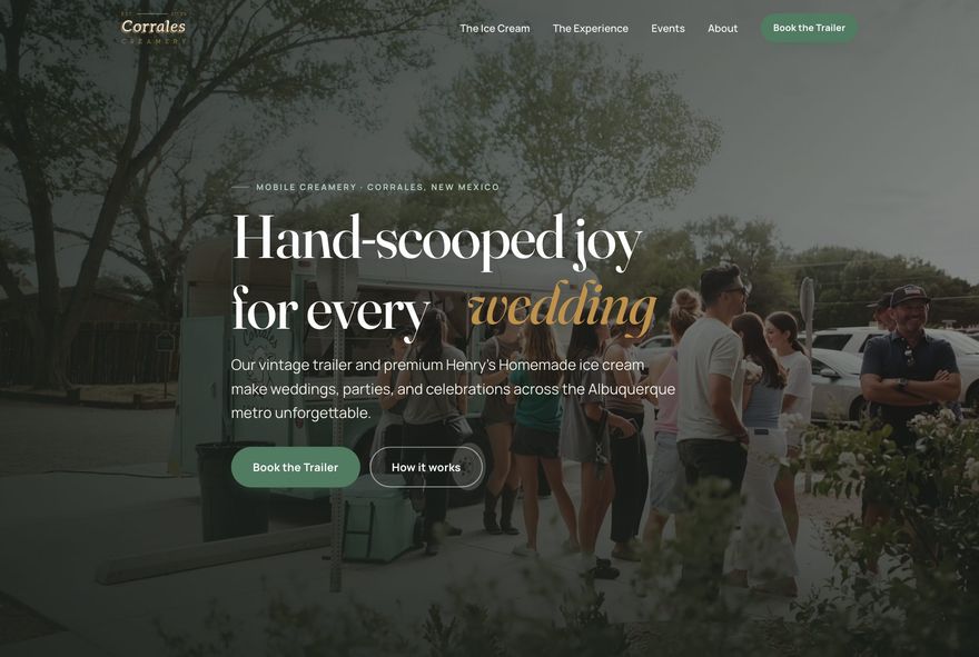 The Corrales Creamery homepage, a warm small-town scoop-shop design